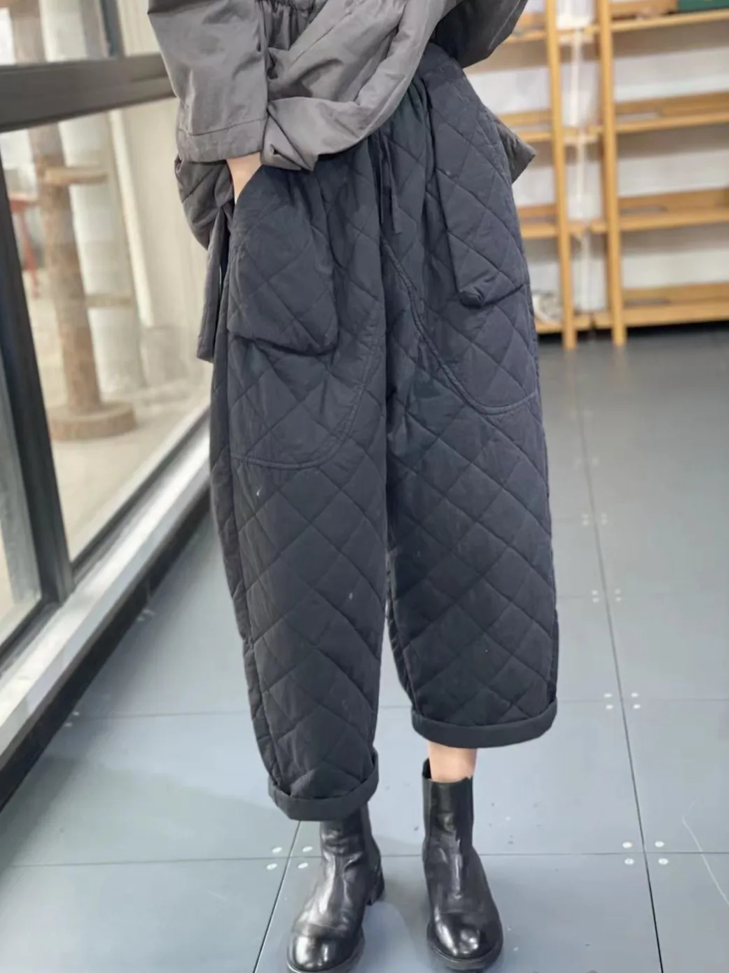 Plus Size Rhombus Quilted Thickened Outer Wear Cotton-padded Trousers Women 2024 Winter New Loose Slimming Casual All-matchin...