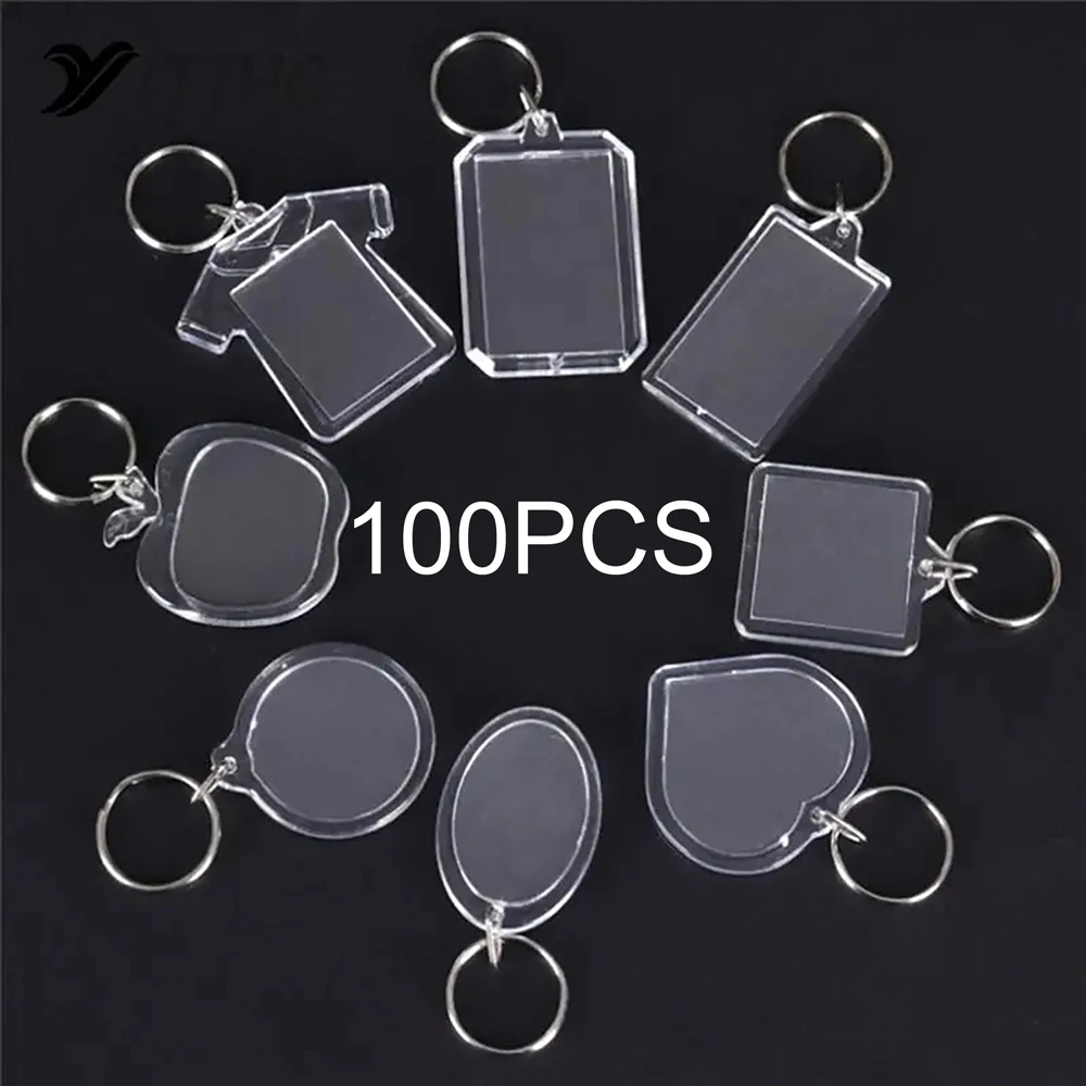 

100Pcs Rectangle/Heart/Round Styles Transparent Blank Acrylic Insert Photo Picture Frame Keyring Keychain DIY Split Ring Gift