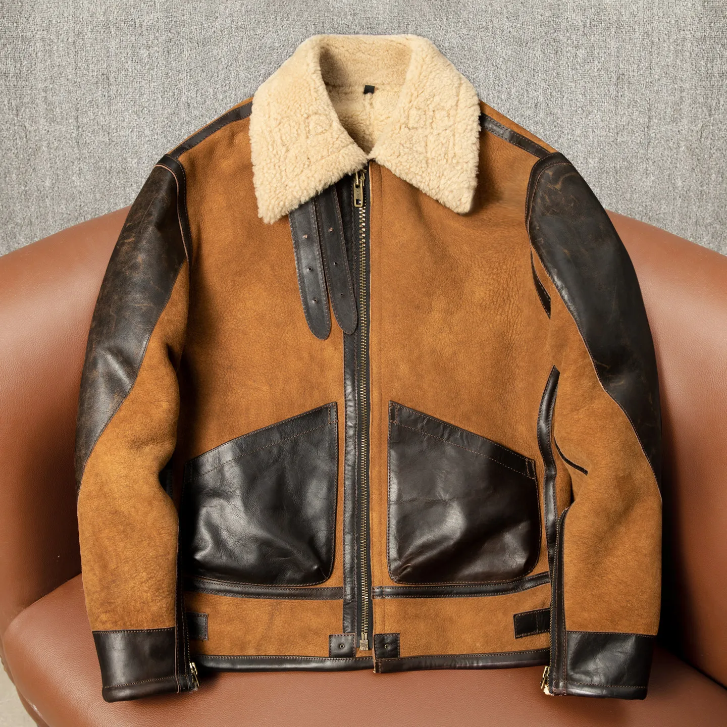 Retro and old original ecological lamb fur fur integrated genuine leather men's large size thickened warm sheep jacket