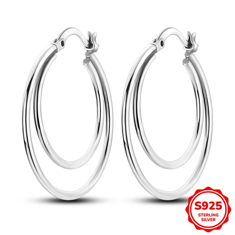 

100% 925 Sterling Silver Earrings Women Big Double Ring Hoop Earrings For Anniversary Wedding Jewelry Gifts