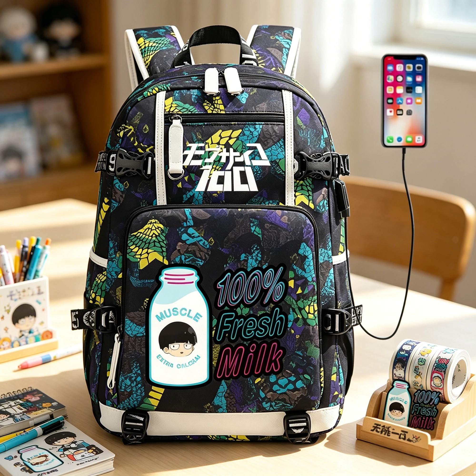 Mob Psycho 100 Anime Backpack Large School Bag USB Charging Laptop Bags Oxford Travel Bookbag Casual Daypack For Women Teenagers