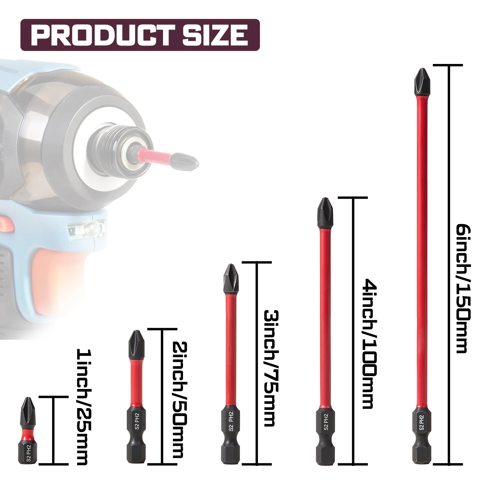 7PCS PH2 Magnetic Screwdriver Bit Set S2 Steel 1/4