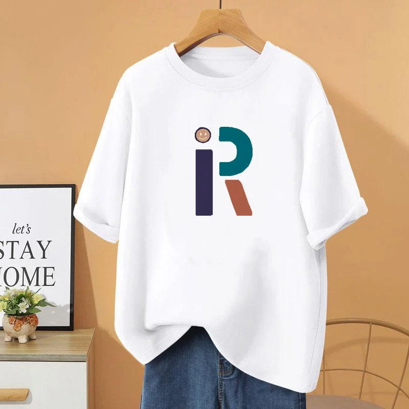 

Summer Cartoon Printed O-neck Pullovers, 100% Cotton Loose Casual Letter Top Tee, Women Clothing Fashion Basic T-shirt