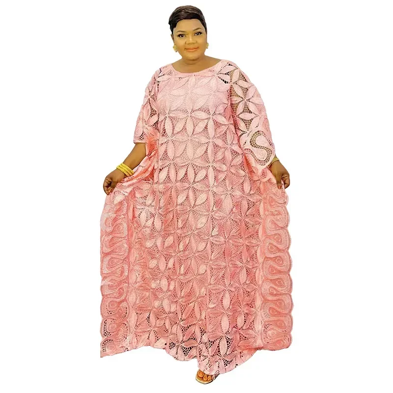 

2024 Summer Elegant African Women O-neck Pink Yellow Plus Size Long Dress Lace African Robes Abaya African Dresses for Women