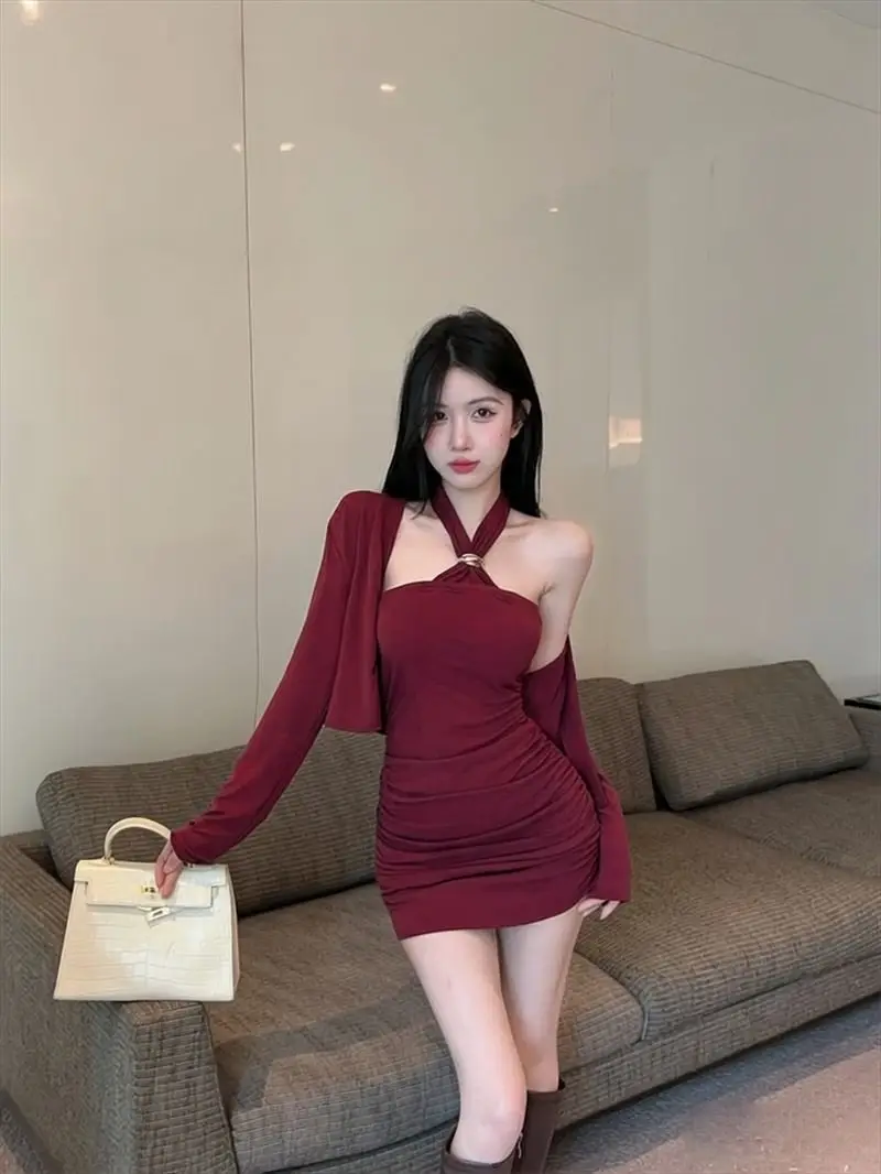New Pure Desire Hanging Neck One Piece Sexy Bag Hip Strap Dress+Short Long Sleeve Cardigan Shawl Two Piece Set