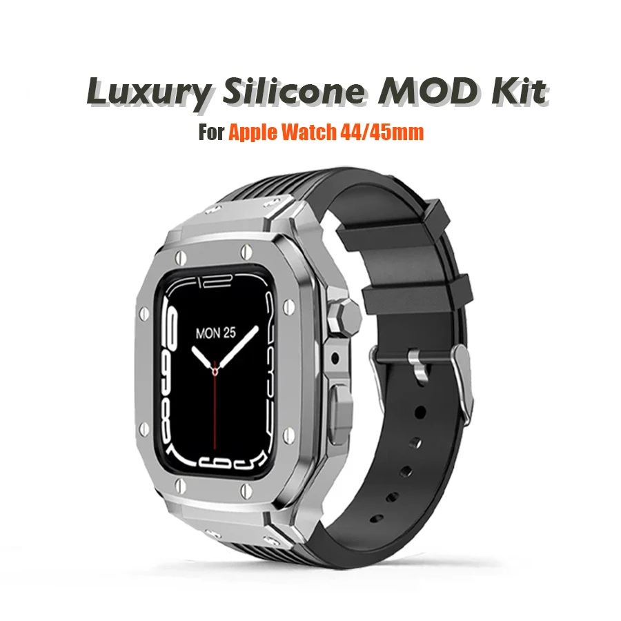 Modification Kit Band for Apple Watch Series Ultra 2 9 8 7 6 SE 5 4 44mm 45mm Rugged Alloy Case Silicone Sport Band iWatch 45mm