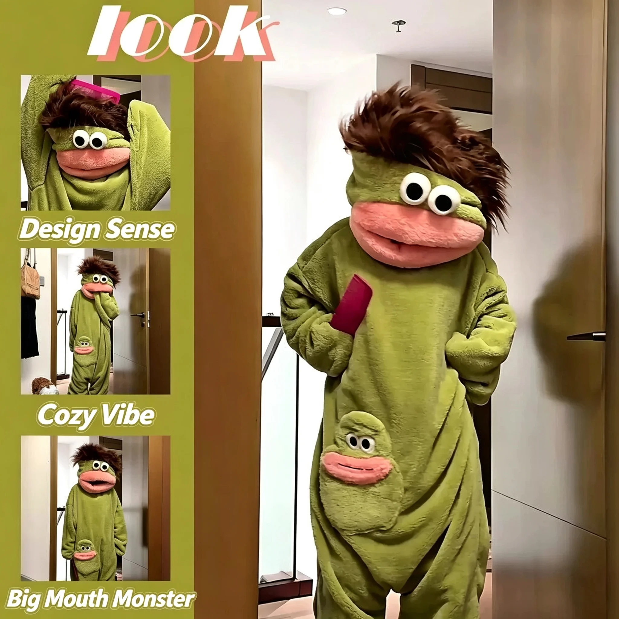 Big Mouth Monster Onesie Pajamas Thick Coral Fleece Warm Soft Autumn And Winter Couple Home Loungewear Hooded Funny Cartoon Suit