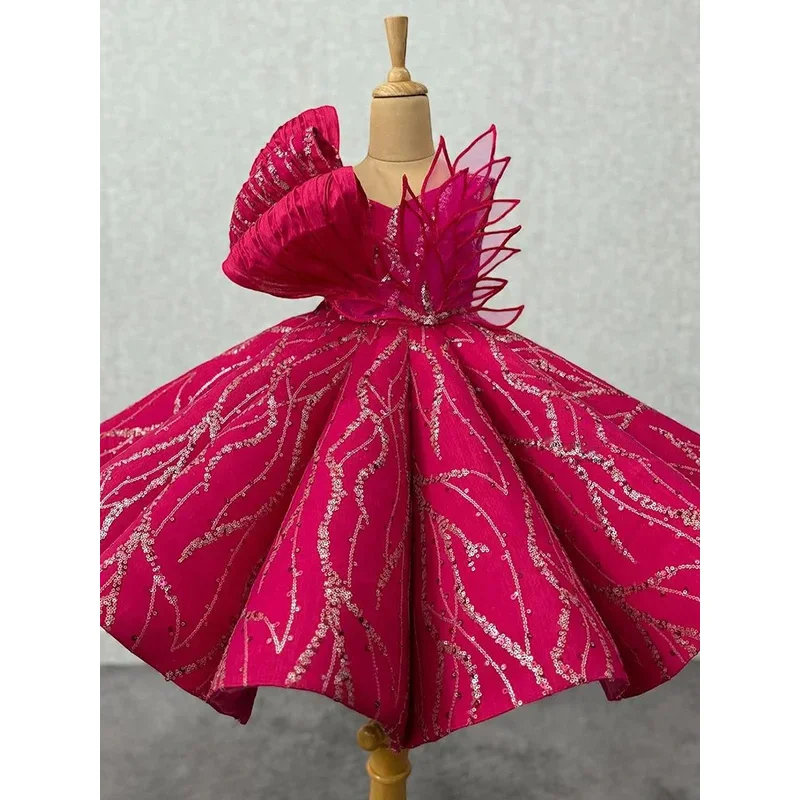 Gorgeous luxurious Rose red Sequin Flowers Princess birthday Party Ball Gown Princess Dress Kids Girls Dresses For Weddings