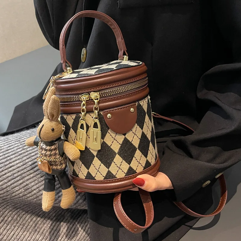 

2024 New Summer Cylinder Bucket Bags for Women High Quality Handbag Vintage Contrasting Color Double Zipper Shoulder Bag