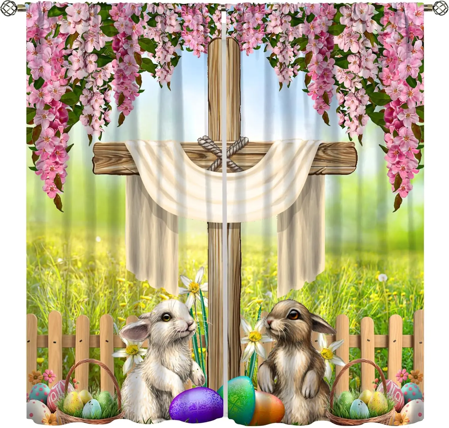 Easter Curtains Spring Flowers Cute Bunny Cross Eggs Colourful Patterns Window Treatments for Boys Girls Kids Living Dining Room