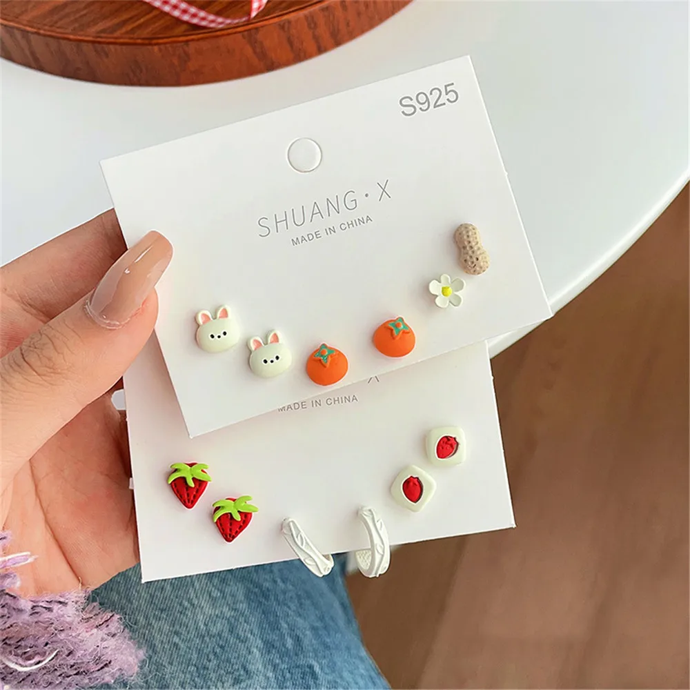 Cute Cartoon Rabbit Earrings Good Luck Persimmon And Peanut Ear Studs Female Sweet Earrings Fashion Jewelry Ornaments Gifts