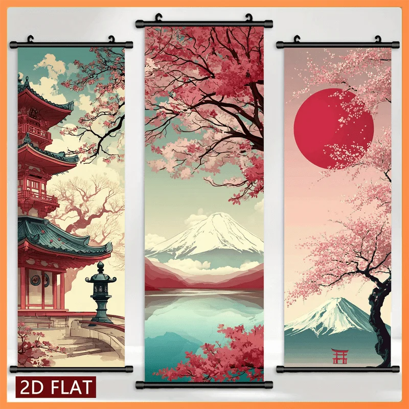 VIKAMA Vintage Ukiyo-e Sakura Fuji Pagoda Triptych Wall Scroll Poster Retro Japanese Canvas Art Print Hanging Painting