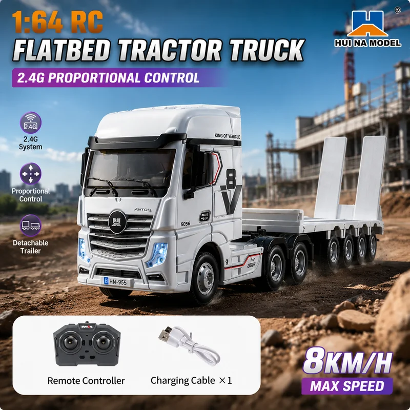Hui Na Model 1 64 Rc Flatbed Tractor Truck Mini Twelve Channel Remote Control With Light Sound High Low Speed Servo Desktop