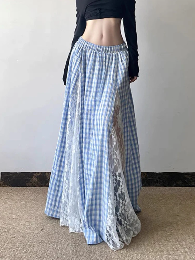 

Zoki Lace Patchwork Plaid Long Skirts Women Vintage Loose Sexy A Line Skirt French Retro Elegant Lady Design Sweet Casual Skirt