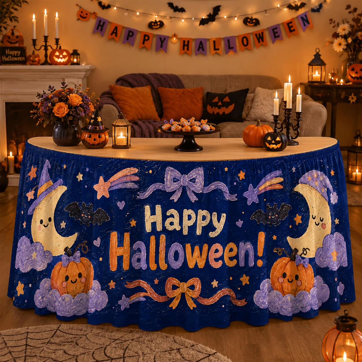 1 piece of tablecloth or table skirt, Happy Halloween table skirt, textured crayon drawing, smiling pumpkin, witch hat