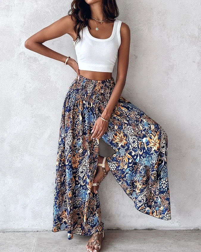 Women's Pants 2024 Summer Fashion Vintage Floral Print Shirred High Waist Casual Daily Vacation Wide Leg Pants