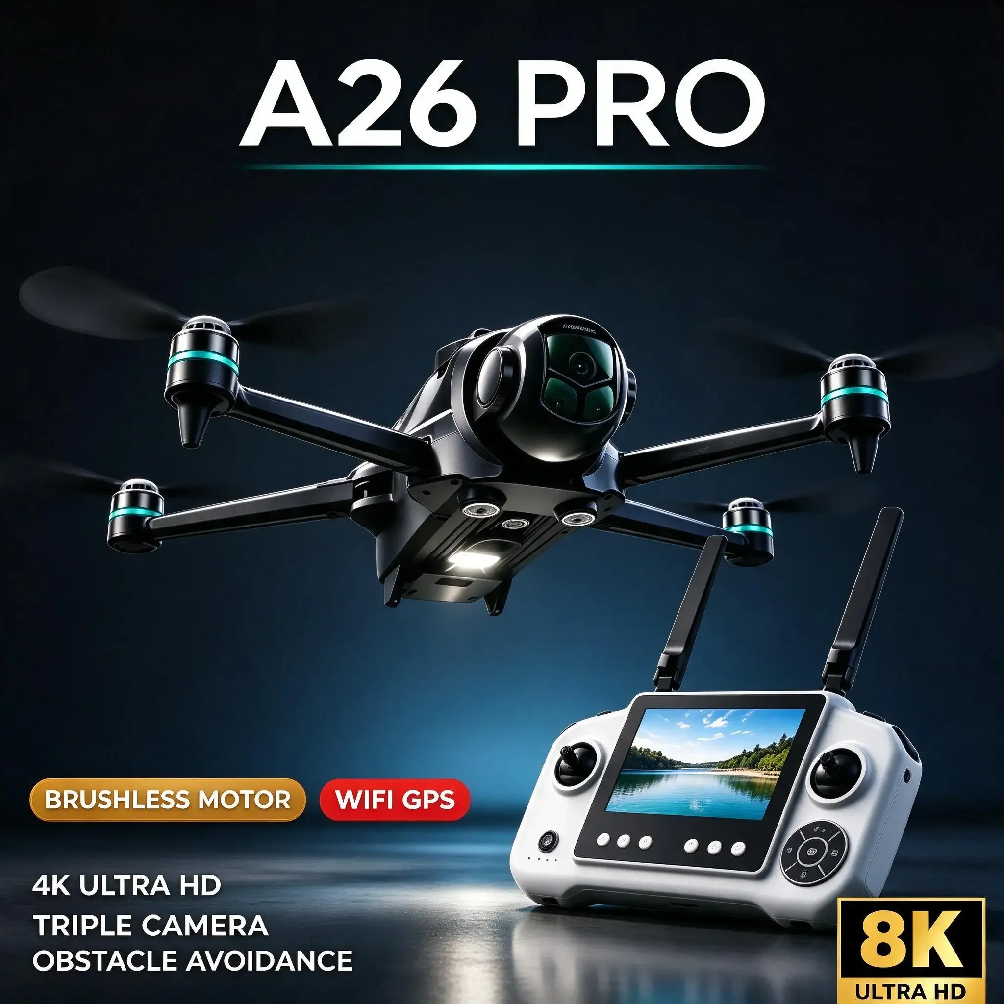 Reliable FPV Drone 4K HD Triple Camera Brushless Motor Obstacle Avoidance Foldable RC Quadcopter 4K With Carrying Case A26 Pro