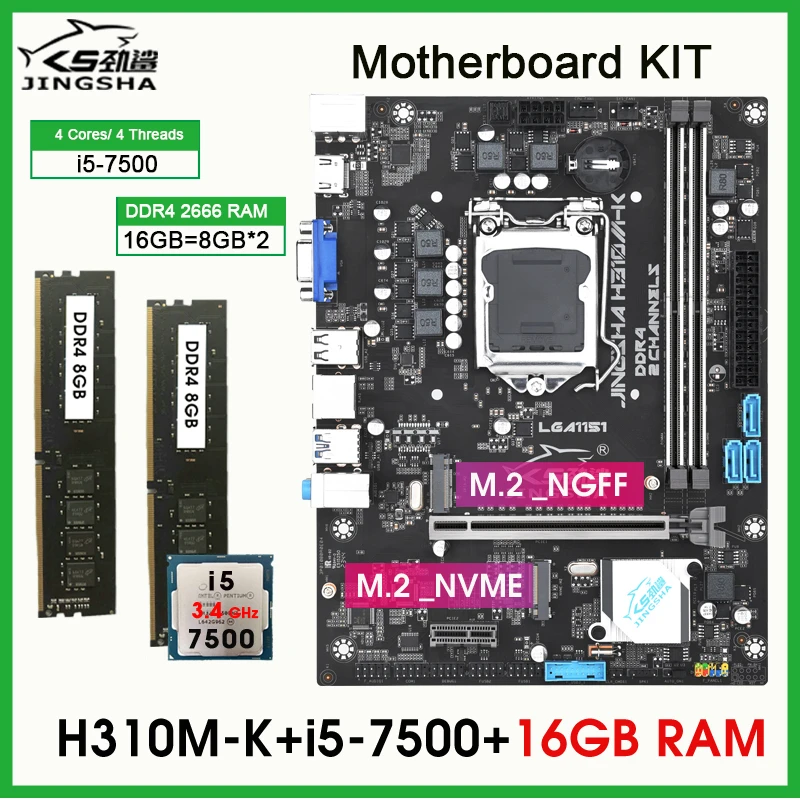 H310 Office Assistant placa mae Lga 1151 motherboard Kit with core i5 7500 CPU 16GB DDR4 2666MHz RAM HD Graphics 630 SATA3.0 SET