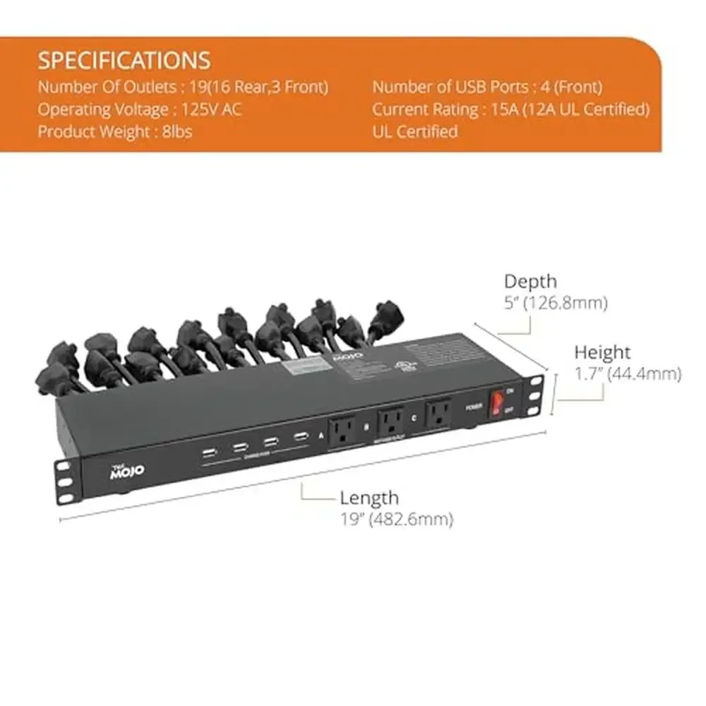 1U Rack Mount Power Distribution Unit 19 Outlet PDU Circuit Breaker USB Ports AV Network Server