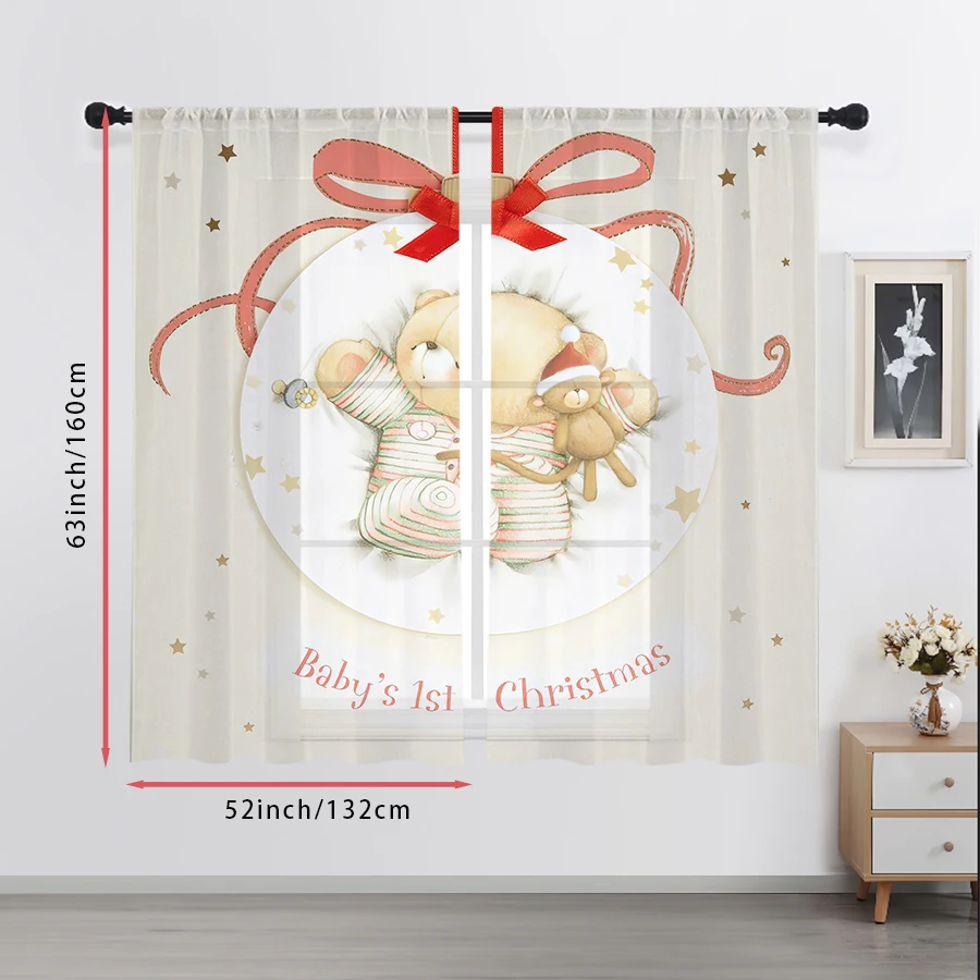 2PCS Baby First Christmas Sheer Curtains, Teddy Bear Ornament Print, Rod Pocket Window Drapes for Xmas Nursery Kids Decor