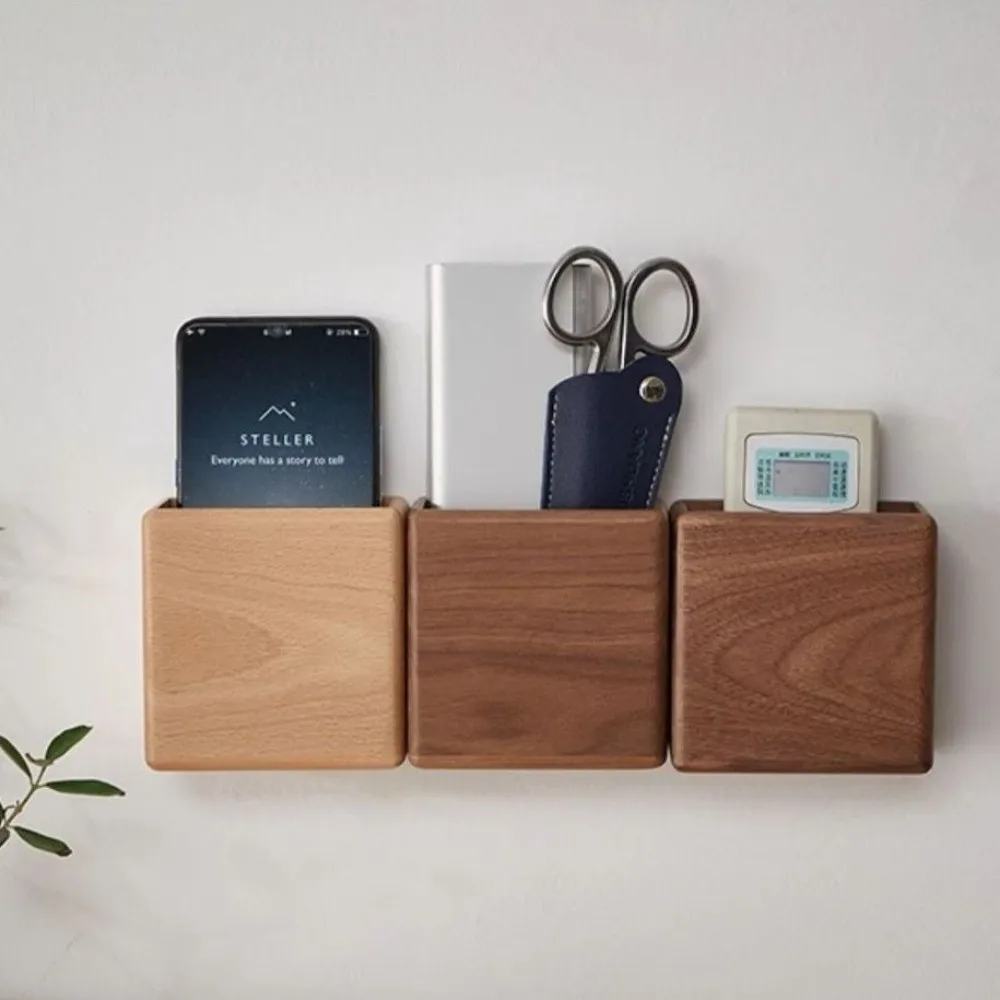 Wall-Mounted Storage Organizer Bamboo Wood Walnut Remote Control Holder Beech Wood No-Drill Multi-Use Organizer Home Use