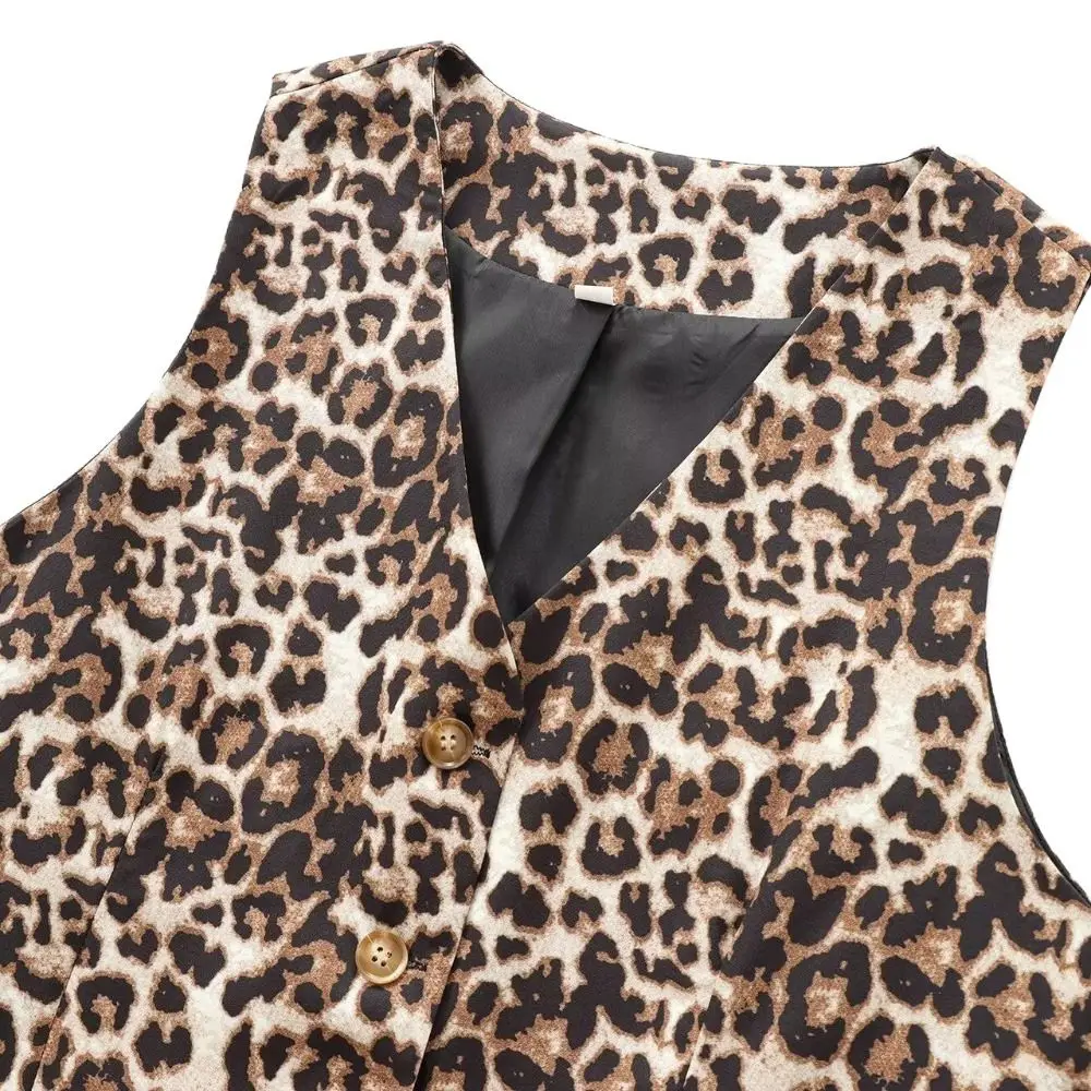 Chaleco de leopardo elegante a la moda, Tops sin mangas con cuello en V y botones frontales, chaqueta corta de verano con dobladillo en forma de V doble de un solo pecho para mujer