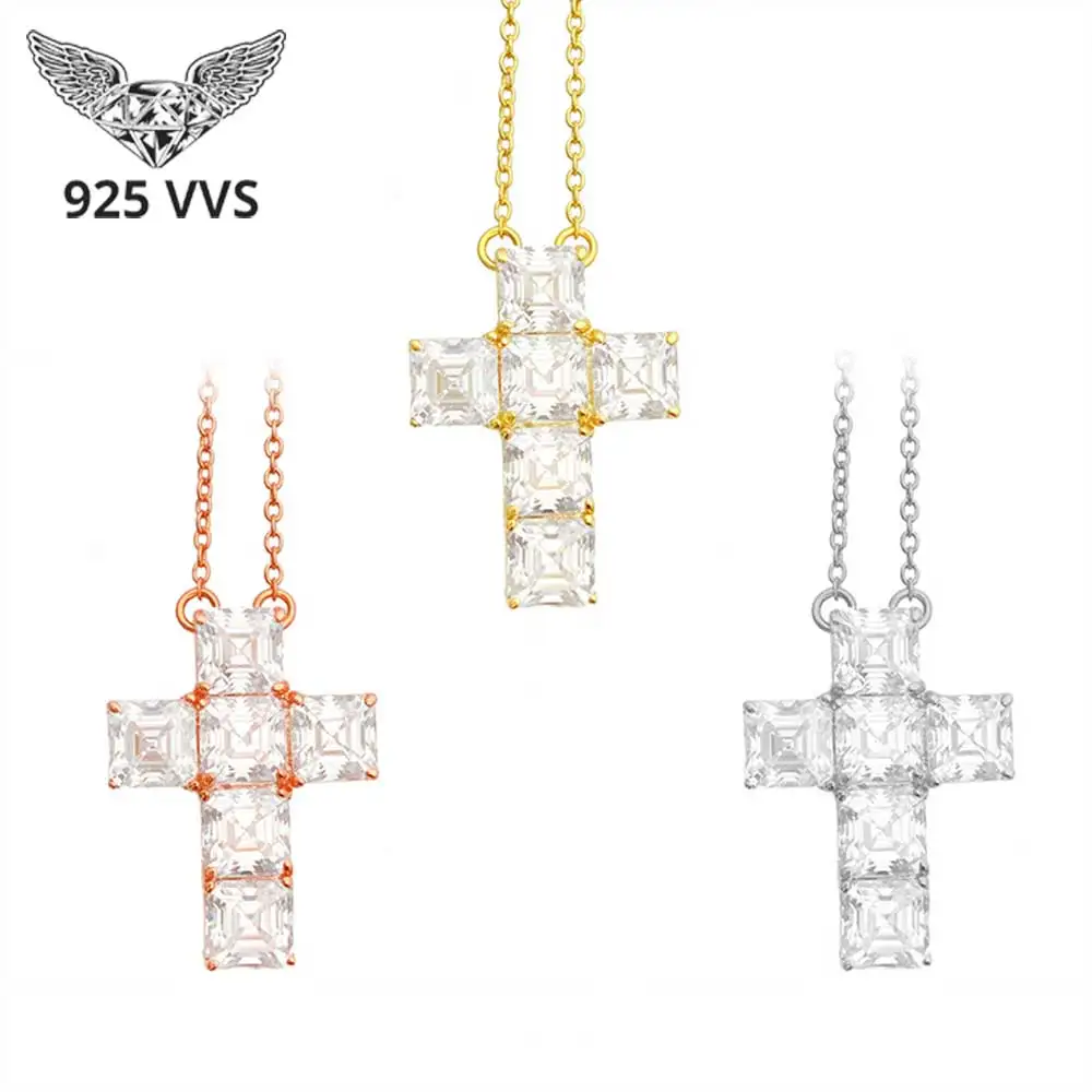 

European and American Hip Hop 925 Silver Plated 5.5mm Tower Cut Moissanite Cross Pendant Necklace Hip Hop Necklace Accessories