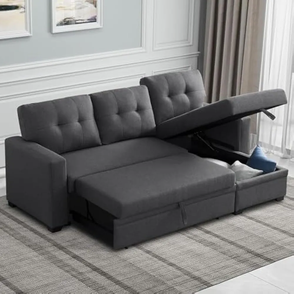 Reversible Sectional Sofa Couch with Storage Chaise，Hidden Stroge，Removable Backrest，Linen Fabric,  Pull Out Couch Bed