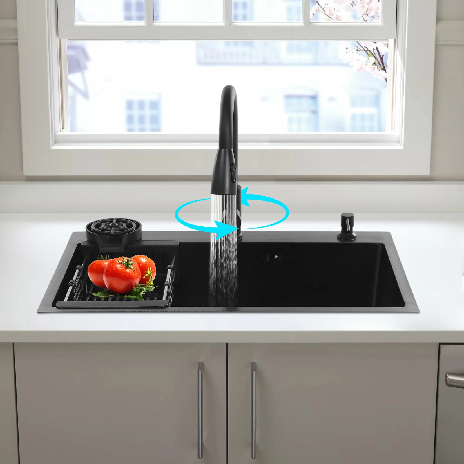 Wastafel Stainless Steel 201, Set Wastafel Dapur dengan Keran Tarik, Keran Penguras & Pipa Air Panas, Wastafel Satu Lubang, 72x45x20 cm