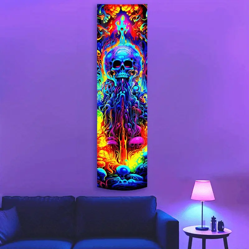 VIKAMA Black Light Mind Altering Skullcap Fungi Drip UV Active Vertical Tapestry Surreal Long Wall Decor Accent Soft Durable