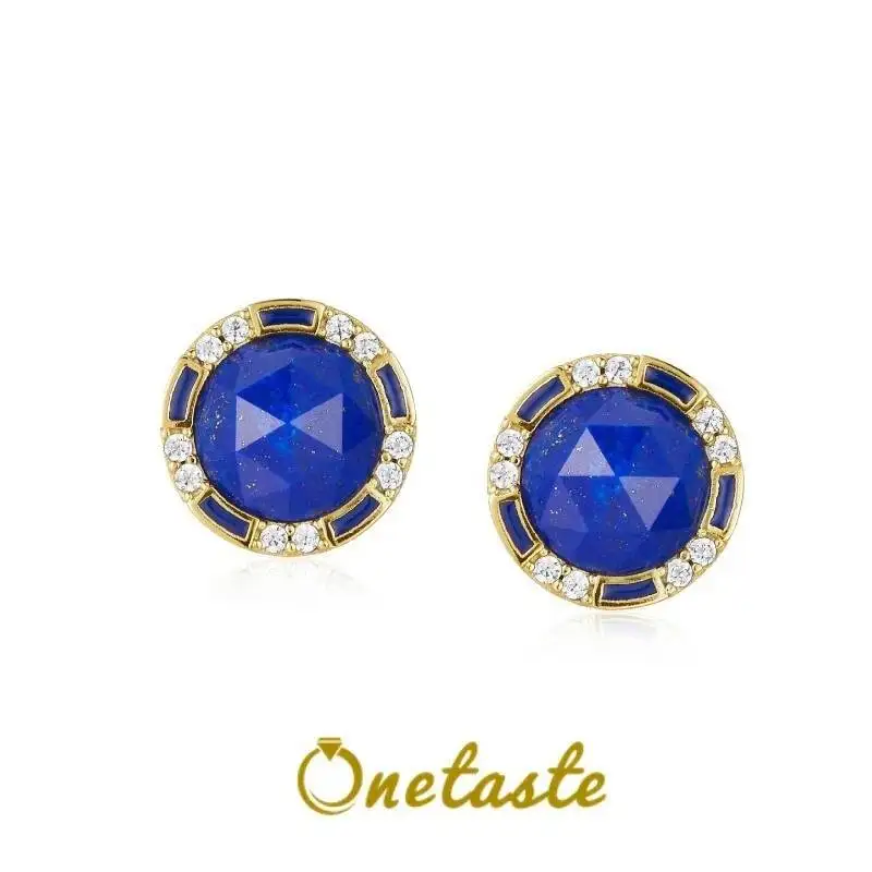

Natural Lapis Lazuli 925 Silver Gold Plated CZ Round Stud Earrings For Women Minimalist Simple Trendy Stack Small Earring Gift