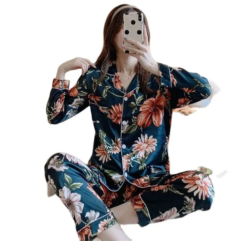 

Pajama Women's Spring And Summer Ice Silk Long-sleeved Trousers Korean Version Of Large Size Fashion Printing Thin Home Clothes.