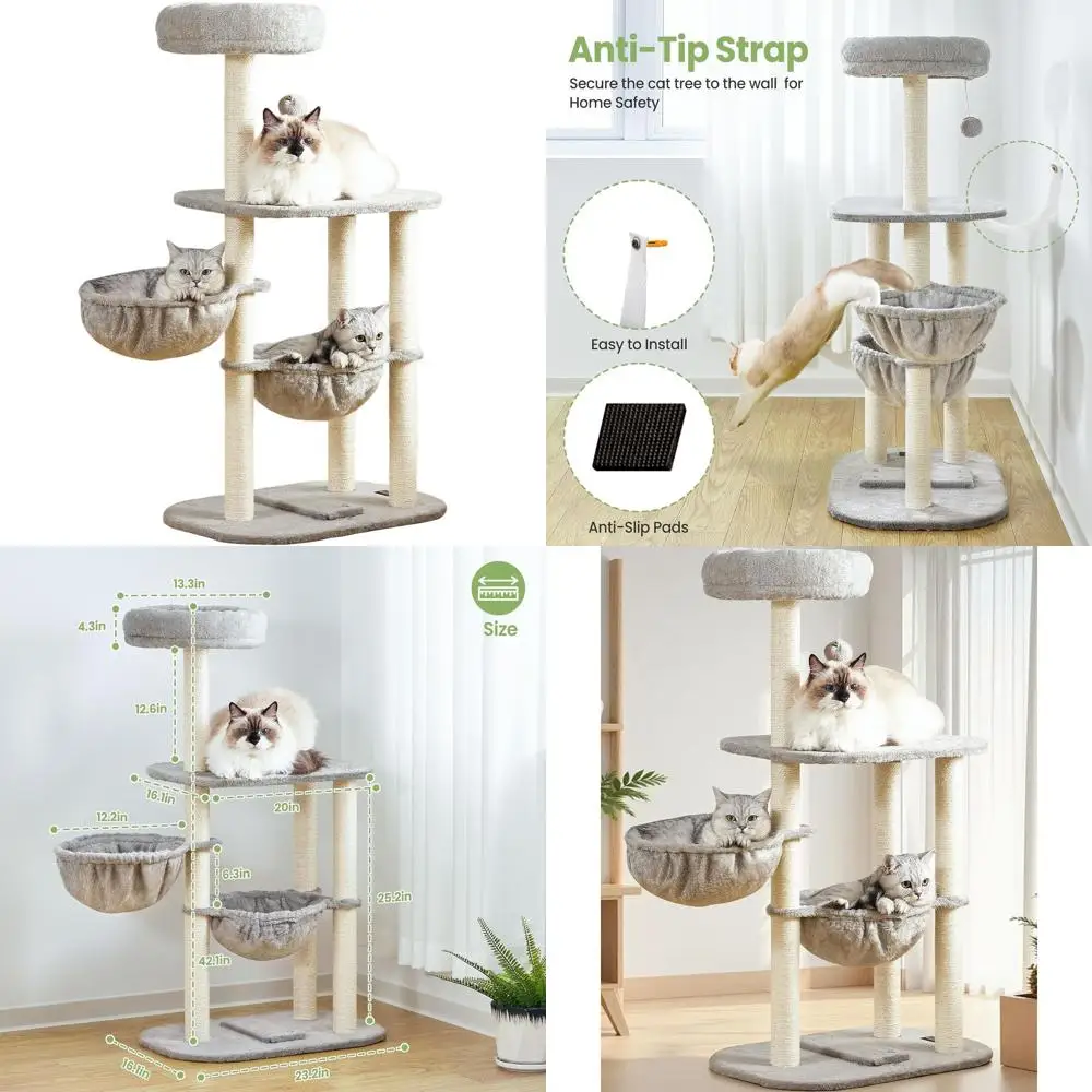 

42 Medium-Sized Cat Tree with Scratching Posts, Hammock, and Multi-Level Perches for Indoor Play