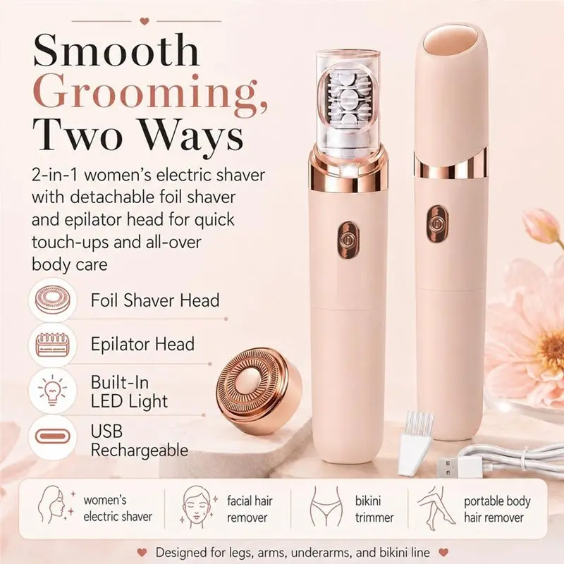 B82B-Epilator For Women, 2-In-1 Painless Facial Hair Remover, Rechargeable Electric Built-In LED Light For Sensitive Skin