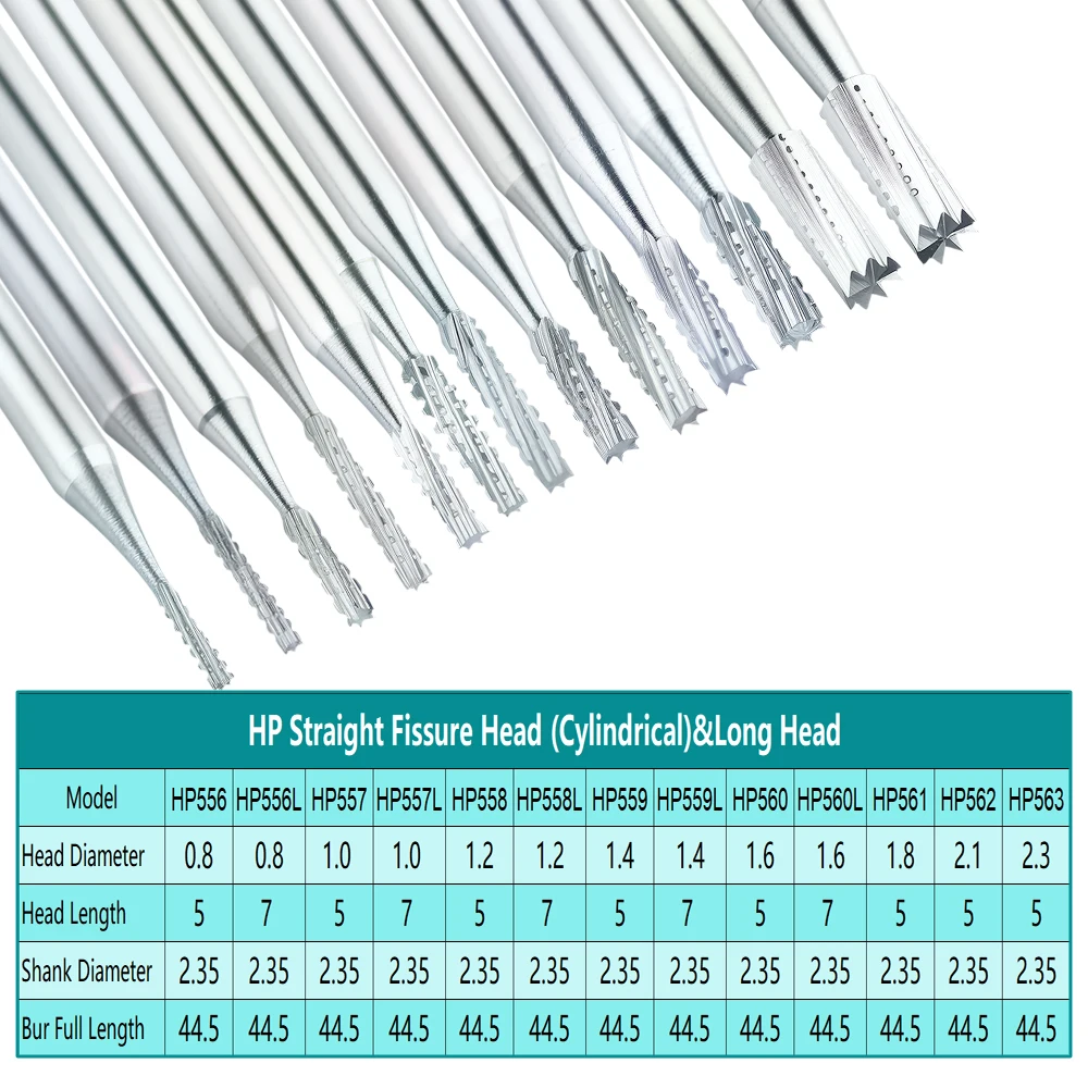 Bor gigi Tungsten Carbide, bor gigi Tungsten Carbide Burs kepala celah lurus HP Dia 2.35mm untuk hidung lurus kerucut alat dokter gigi 6 buah/kotak