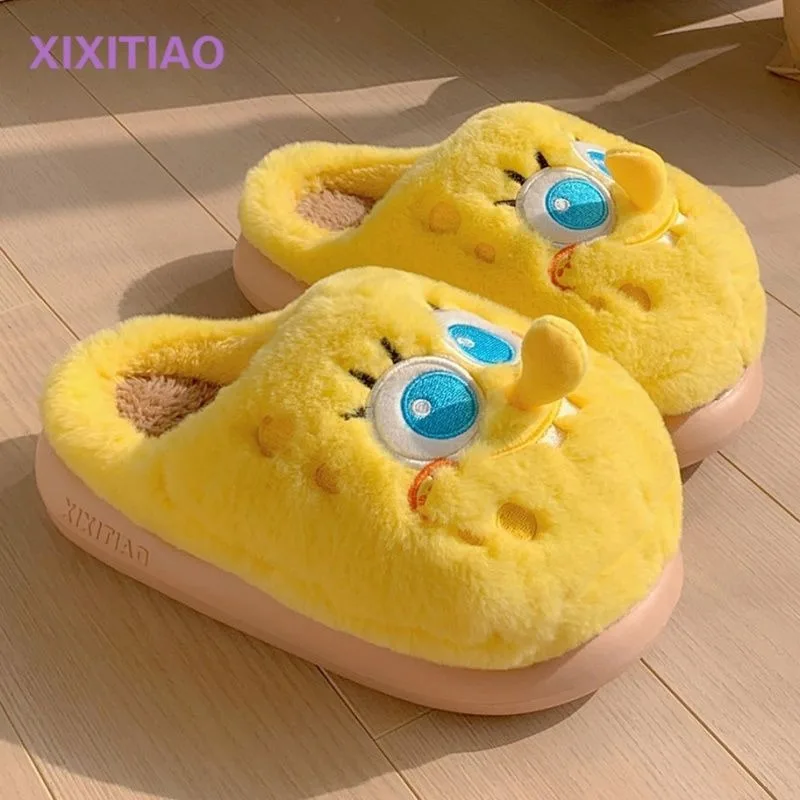 

Новые теплые хлопковые тапочки «Губка Боб» 2026: универсальные, плюшевые, зимние, мультяшные, милые, кавайные, для дома, защита от холода
