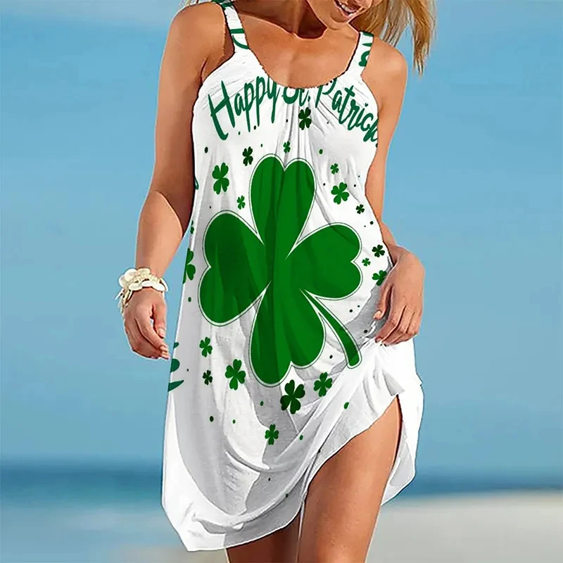 Summer New 3D Irish Lucky Print Strap Sleeveless Short sleeved Patrick Day Beach Dress Women's Summer Dress Strap