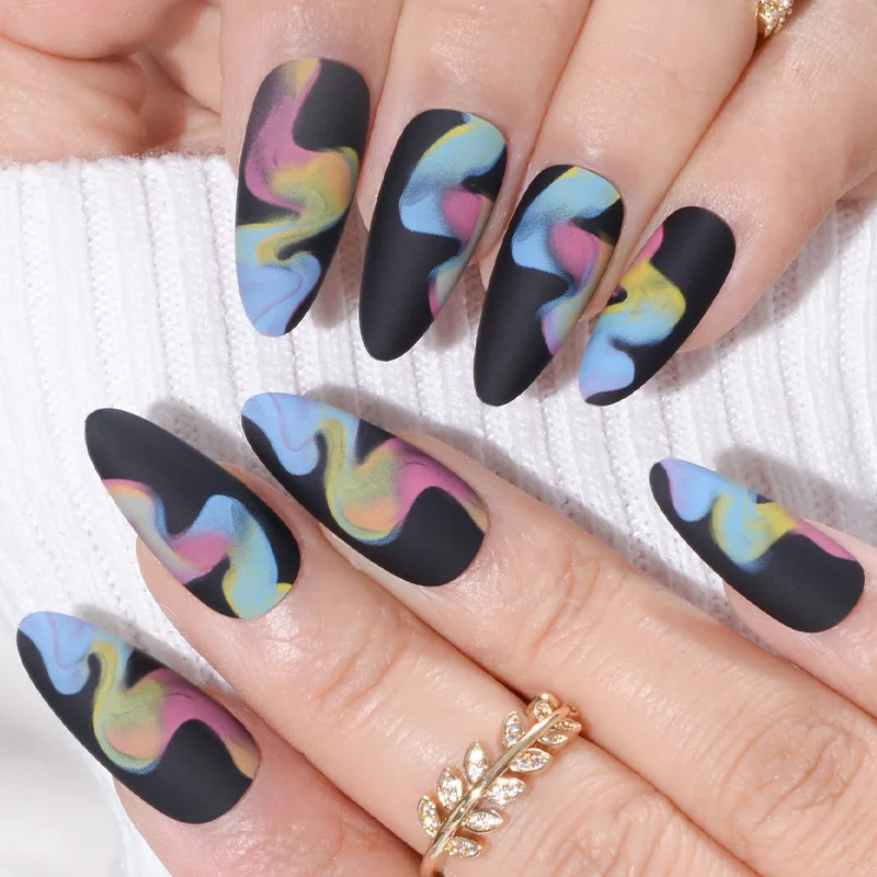 Mittellange künstliche Nägel, matt, gelb, blau, schwarz, orange, braun, Ink-Wash-Malerei, Mandel-Ballett-Nagelspitzen, zum Aufkleben, künstliche Nagelkunst