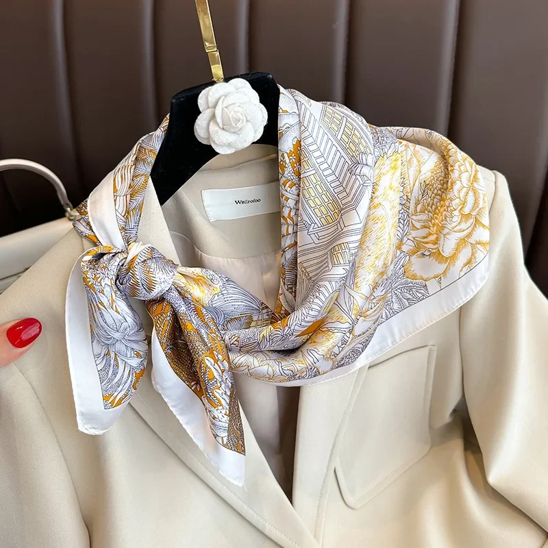 

Female Luxury Floral Leaf Print Silk Square Scarf for Women Hands Bag Ribbions Soft Satin Kerchief Hairband Luxury Designer