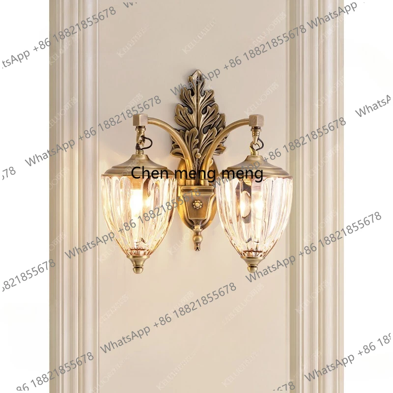 

French full copper medieval style bedroom wall lamp American light luxury crystal aisle bedside lamp villa lamp