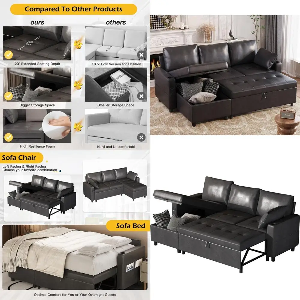 

Кожаный диван 3-в-1 с двусторонним шезлонгом, хранилищем, USB и подстаканниками, черный