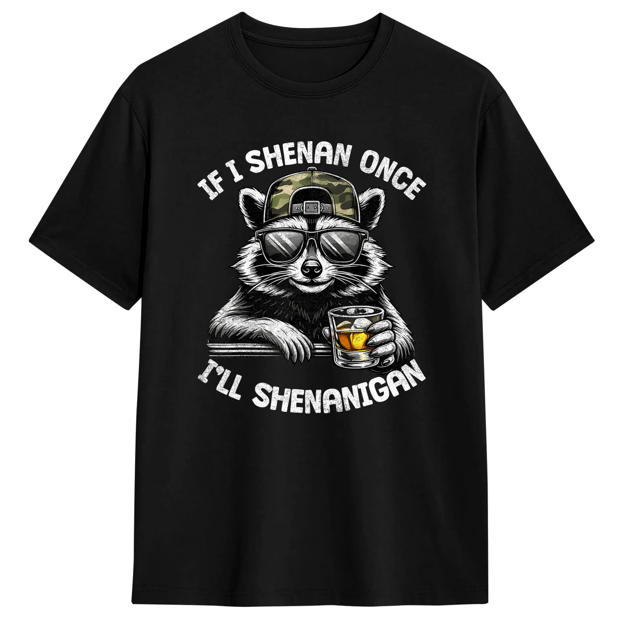

Men's If I Shenan Once I Will Shenanigan Raccoon Drink T-Shirts Pure Cotton Top Tees Summer Funny Short Sleeve T-Shirt O Neck