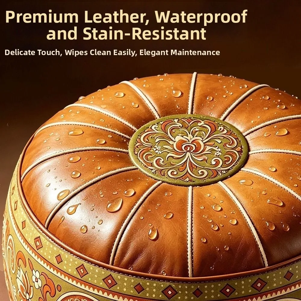 New PU Leather Fillable Ottoman Pouf Embroidered Pattern Moroccan Style Storage Ottoman Round Shape Floor Seat Cushion Home Use