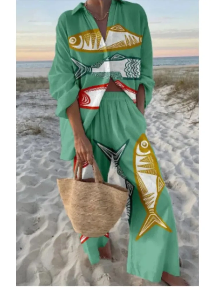 

Woman Casual Print Beach Holiday 2-Piece Sets Spring Summer Long Sleeve Lapel Shirt + Wide Leg Pant Women's Two-Piece Outfit