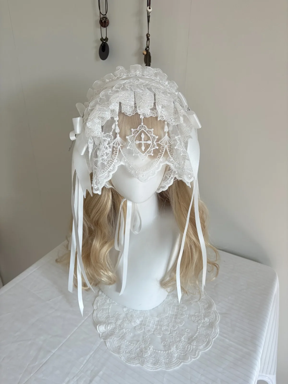 Handmade Gothic Lolita Lace Headpiece Cross Embroidered Subculture Nun Veil Headband ~ Bizarre World