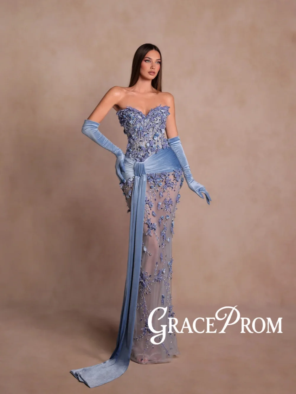 

Opulent Beaded Illusion Evening Dress Without Gloves Strapless Wedding Party Gown Customized Light Blue Chic Red Carpet Gowns