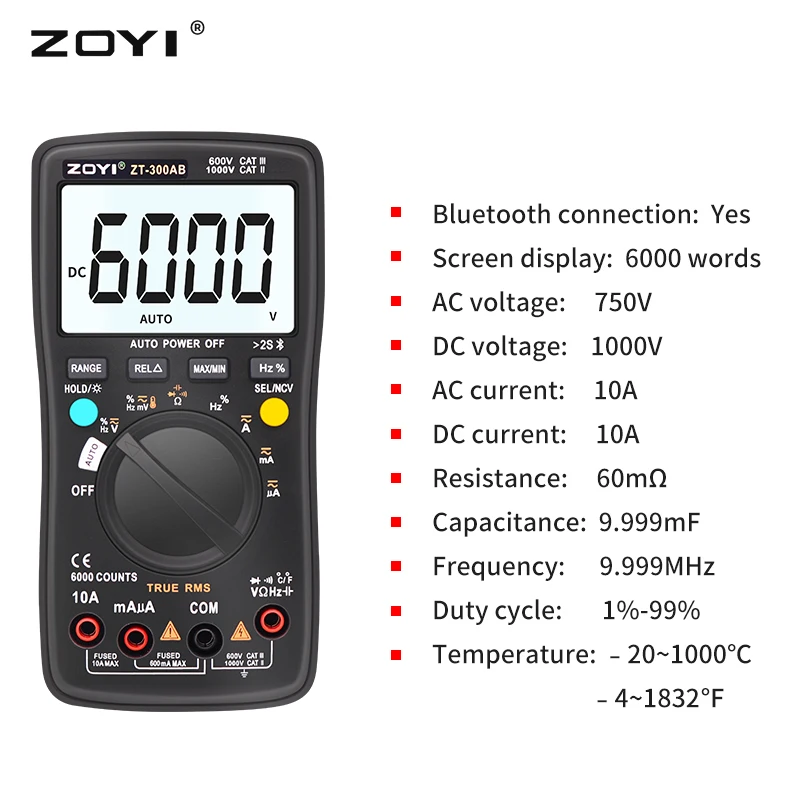 Imagem -03 - Bluetooth Multímetro Digital Alcance Automático True Rms 6000 Contagens ac dc Capacitância de Tensão Temp Amp Ohm Diodo Meter Data Hold Marca