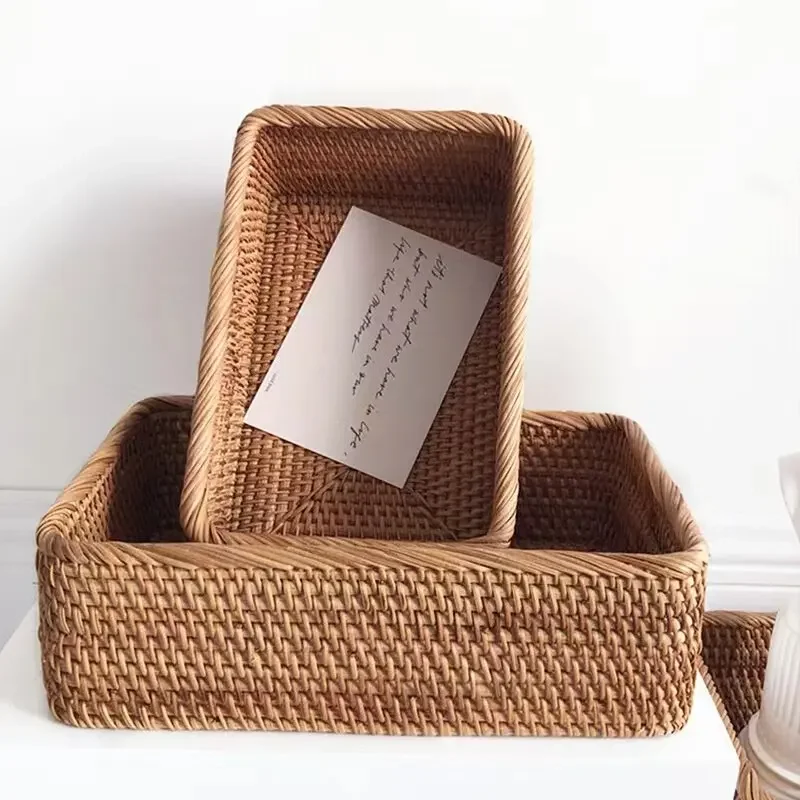 Handwoven Natural Rattan Storage Basket Set of 3 Rectangular Wicker Organizer for Kitchen Snack Fruit Bathroom Rustic Home Decor
