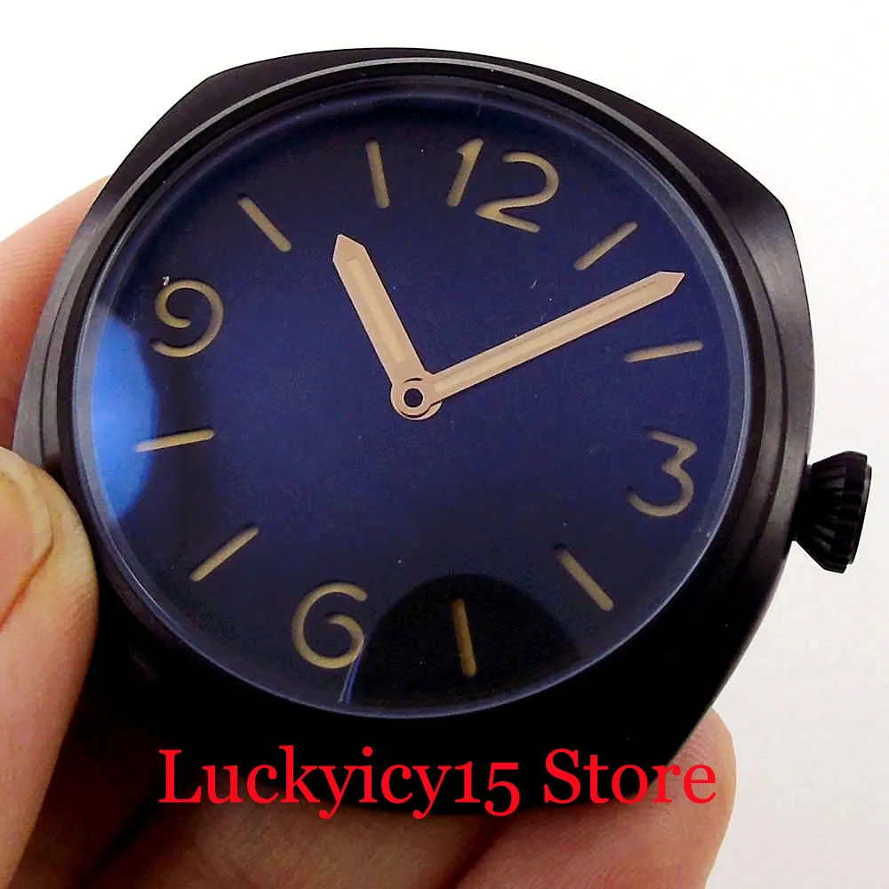 47MM PVD Black Sterile Polished Watch Case+ Black Dial + Hands Mineral Glass Fit For ETA 6497 Hand Winding Movement