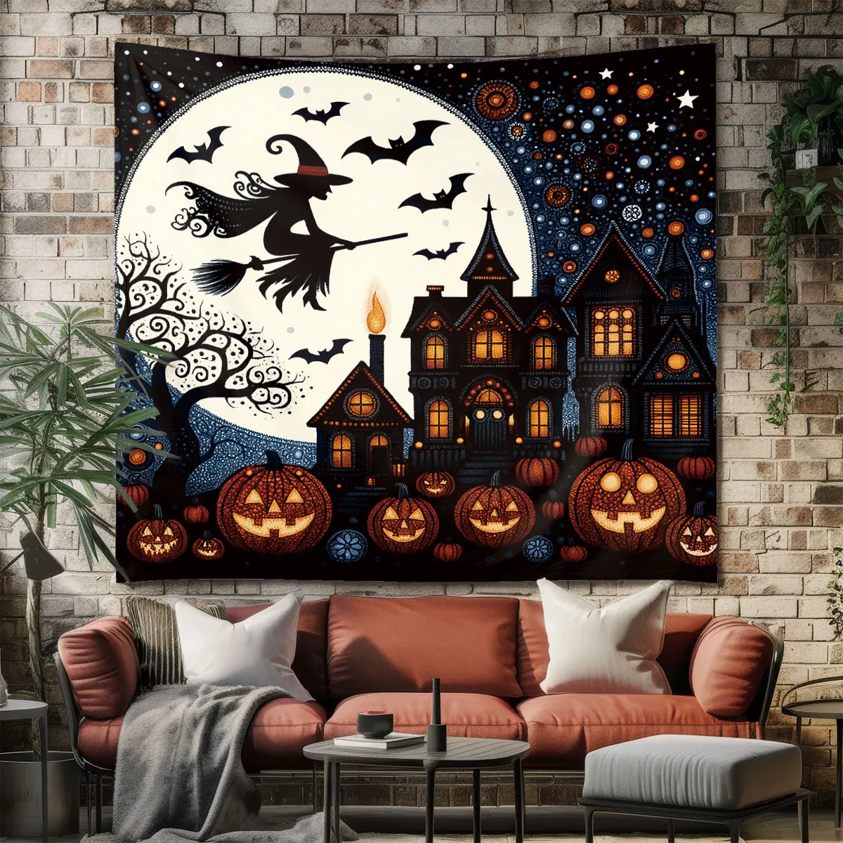 1pcs tapestry includes free accessories featuring a Halloween witch pumpkin lantern castle nighttime scenery home decoration